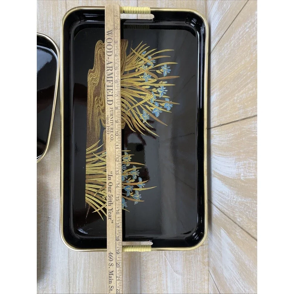 Vintage 3 Pc Nesting Serving Tray Set Lacquerware Iris Black & Gold Toyo Japan